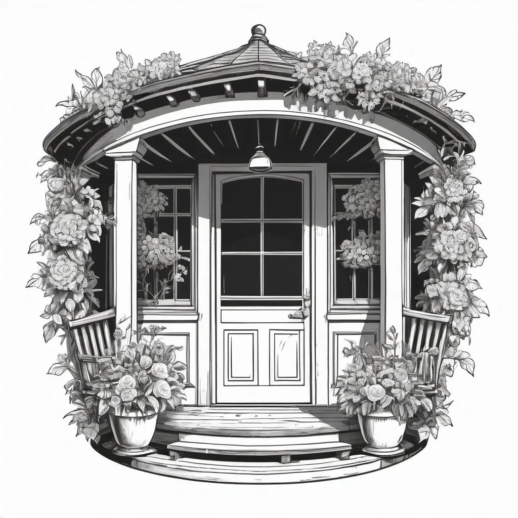 Prompt: An isolated porch object filled with flowers of all kinds. monochrome vector illustration, detailed sketch. isolated on white background in a circle. 