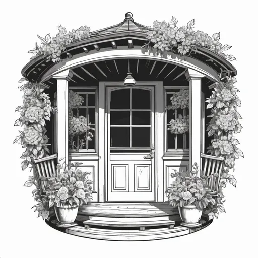 Prompt: An isolated porch object filled with flowers of all kinds. monochrome vector illustration, detailed sketch. isolated on white background in a circle. 