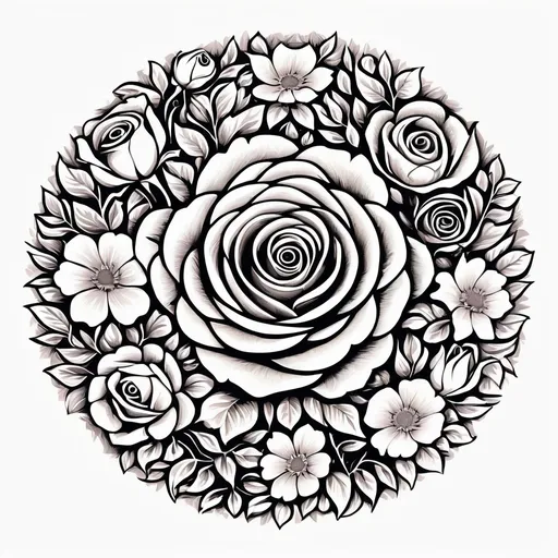 Prompt: isolated on white background, a circle made out of various flowers with the center rose in it, linocut, professional shading, intricate details and quality, highres, 