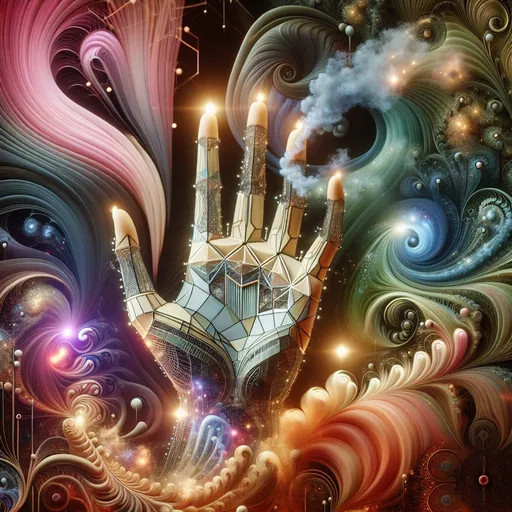 Prompt: sculpture of glass mixed with smoke, shape of a proper female hand with 5 fingers, inner lights, outer lights, ambiet lighting, pastel colors, flumes of smoke, hyper-realistic abstractions, geometric shapes, occult symbols, visual illusions, optical illusions, fractals, infinity, abstract concepts, twists and curves, colorful background, intricate