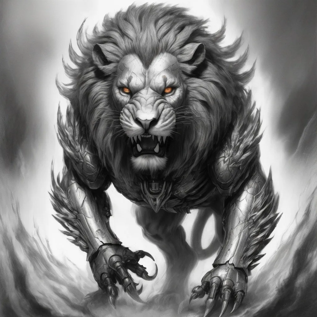 Prompt: Detailed pencil sketch of a realistic lion morphed into a hydra monster, monster paws, high-tech, angry expression, flames in the background, monochrome, high detail, portrait view, realistic, pencil sketch, hydra features, empty sign, robotic armor, high tech, fiery background