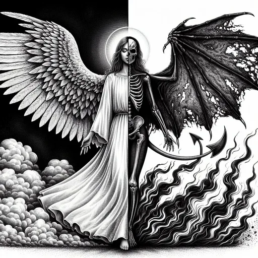 Prompt: professional high detailed sketch illustration of angel versus demon as a single person. left side of the image is white and right side is black. left side contains depictions of the beautiful clothed angel, the right side contains depictions of a different person, a demonic succubus surrounded by fire and smoke. left side wings are airy and delicate. right side boned wings are sharp and deadly.  angel vs demon theme, high resolution professional shading