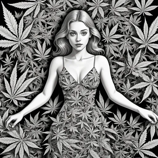 Prompt: mc escher style optical illusion, high detail shading, professional quality, high detailed outlines, curved shapes and forms. Main subject person is a babe in a dress made out of real marijuana leaves and plants, optical illusion plants blend into the background, 
