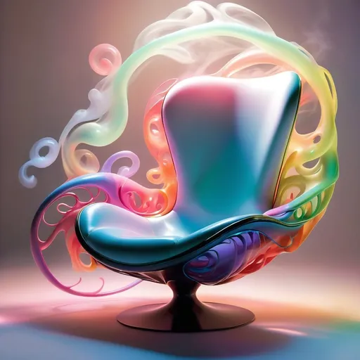 Prompt: swirly Smoke translucent chair outline sculpture, ethereal and delicate, wisps of smoke forming a chair outline, plumes of colorful smoke, semi-transparent and airy, high quality, mystical, surreal, delicate forms, translucent, artistic rendering, soft lighting, pastel tones, detailed wisps, artistic, dreamy, evanescent, elegant.
(((🏝,💋,🔮,🍑,🌋 ))) a colorful glowing post-modern ornamental plasma prowler, sleek lines and intricate patterns intertwine to create a sense of futuristic gothic elegance. The main subject of the image is a stunningly gorgeous colorful woman dancer with intricately detailed eyes and a perfect body in every way, smiling. This detailed description is depicted in a high-quality photograph, highlighting the intricate details and ethereal atmosphere. The image captures the essence of modern technology and artistry, blending seamlessly in a visually stunning composition that captivates the viewer's imagination. Art By Phil Robinson 
Art By Phil Robinson
