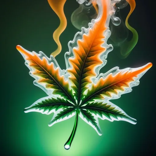 Prompt: Smokey dreamy Marijuana leaf mixed with Abstract glossy, fluid-like transparent structures and spheres transparent green orange, molten glass in mid-air, plumes of smoke, dynamic, green flashy backdrop