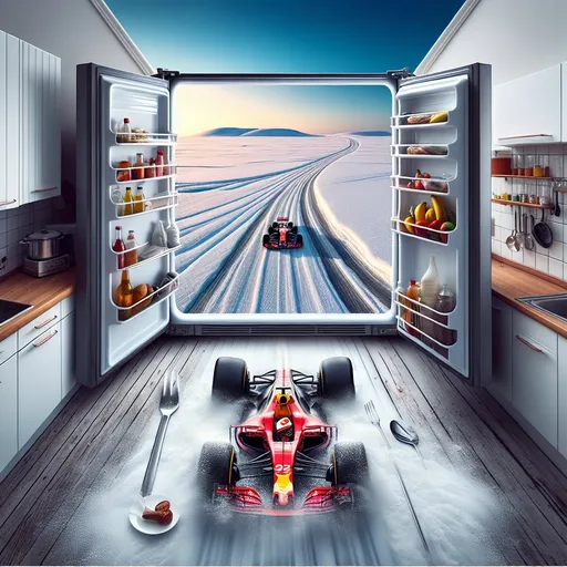 Prompt: Ultra high resolution surreal fantasy rendering of (Formula One car), inside a refrigerator, infinite tundra inside freezer, optical illusion, home kitchen environment, Formula One car racing across snowed tundra, far distance, artistic surreal fantasy rendering, highres, ultra-detailed, tundra landscape, Formula One car, racing, surreal, fantasy, refrigerator interior, distant view, snow-covered landscape