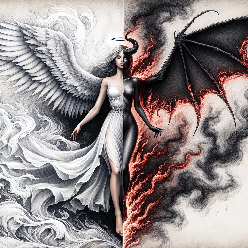 Prompt: professional high detailed sketch illustration of angel versus demon as a single person. left side of the image is white and right side is black. left side contains depictions of the beautiful clothed angel, the right side contains depictions of a different person, a demonic succubus surrounded by fire and smoke. left side wings are airy and delicate. right side boned wings are sharp and deadly.  angel vs demon theme, high resolution professional shading