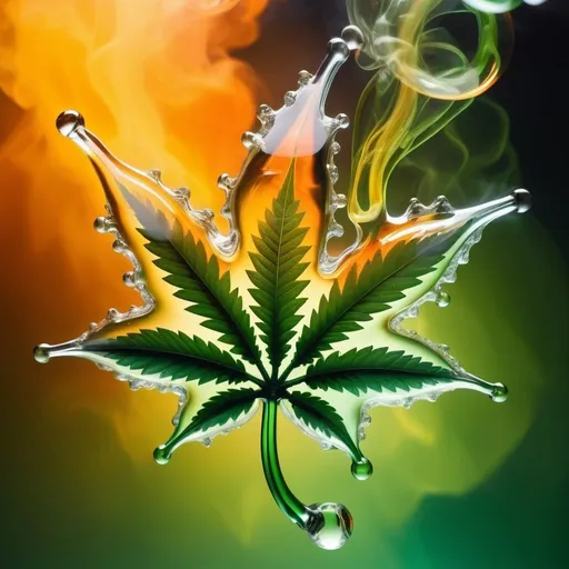 Prompt: Smokey dreamy Marijuana leaf mixed with Abstract glossy, fluid-like transparent structures and spheres transparent green orange yellow, molten glass in mid-air, plumes of smoke, dynamic, green flashy backdrop