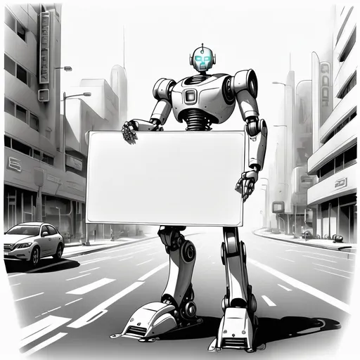 Prompt: Monochrome vector pencil sketch of a highly detailed futuristic robot in the middle of the road holding large sign, sign is empty, high tech cyborg, assertive,  high detailed, professional, white background, 