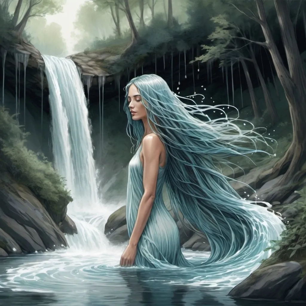 Prompt: A fantasy sketch illustration of long female hair combined with waterfall becoming a river. Hair is a waterfall in an optical illusion. Hair is made out of watery texture Enchanted theme, long flowy hair falls down her back, and on the ground becomes a water creek that floats between the forest trees.