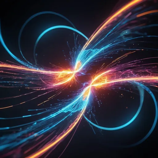 Prompt: High-speed dynamic shot of two electrons colliding, motion blur, bokeh, curved lines, protons, high energy impact, abstract, scientific illustration, neon color palette, dynamic lighting, particle collision, detailed electron trails, sci-fi, futuristic, ultra-high resolution, kinetic energy, dynamic composition