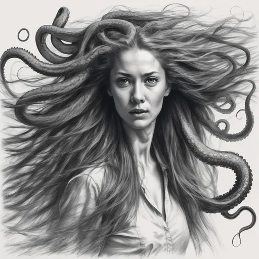 Prompt: portrait sketch of a woman  in strong wind with long hair, her hair shoots forward. fluffy hair,  surreal perspective, optical illusion. her flowing hair transforms into tentacle dreads, that reach towards the viewer. tentacles are spread leaf like, octopus shaped, highres, high detail, detailed face texture, detailed hair, dynamic action, studio shot