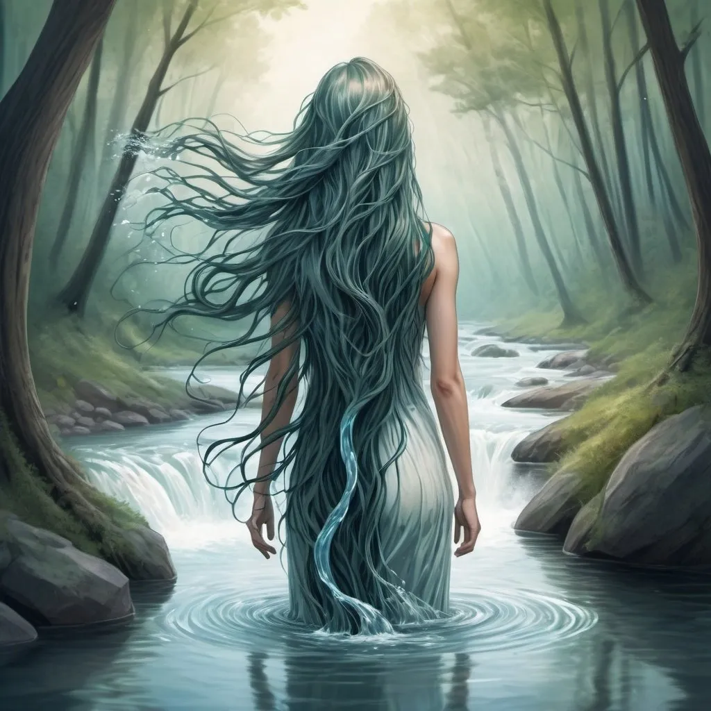 Prompt: A fantasy sketch illustration of long female hair combined with river. Optical illusion with transformation. Smooth transitions. Hair is made out of watery texture Enchanted theme, long flowy hair falls down her back, and on the ground becomes a water creek that floats between the forest trees.