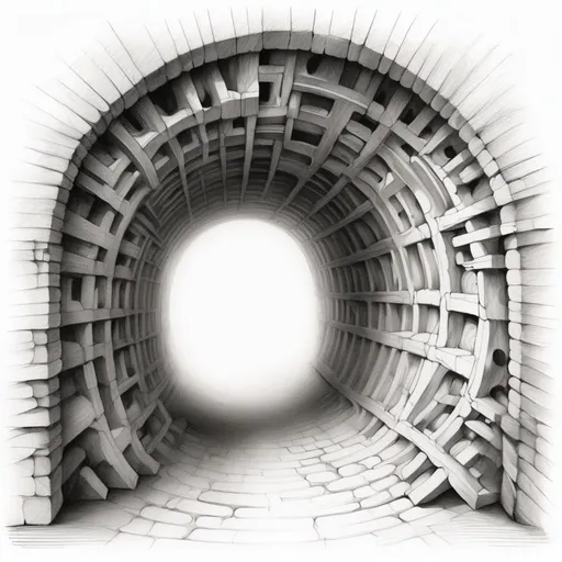 Prompt: Monochrome pencil sketch of an infinite tunnel in the wall, mysterious shapes and symbols, smoky shapes, curved lines, high contrast, isolated on white background, professional, highly detailed, intricate shading