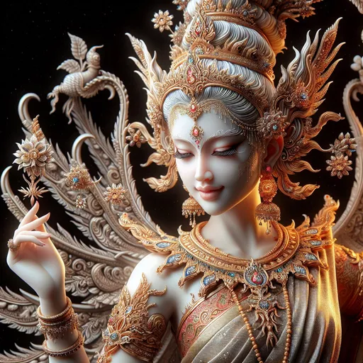 Prompt: Highly elegant, attractive apsara, hyper-realistic ultra-definition, detailed features, intricate traditional attire, graceful posture, angelic facial features, soft lighting, realistic color tones, best quality, ultra-detailed, traditional art, elegant, graceful, intricate details, professional lighting