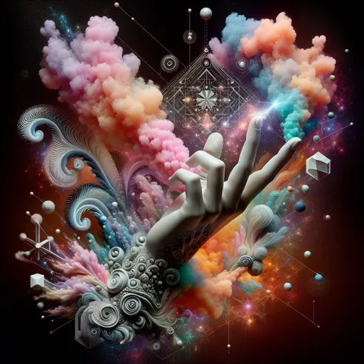 Prompt: mc escher style and salvadore dali, sculpture of glass mixed with smoke, shape of an elegant female hand and wrist palm up  with 5 fingers made out of plumes of colorful smoke mixed with lights and swirls of reflective particles, pastel colors, flumes of smoke, hyper-realistic abstractions, morphed geometric shapes, occult symbols, visual illusions, optical illusions, fractals, infinity, abstract concepts, twists and curves, colorful background, intricate, surreal, psychedelic composition, movement, blur