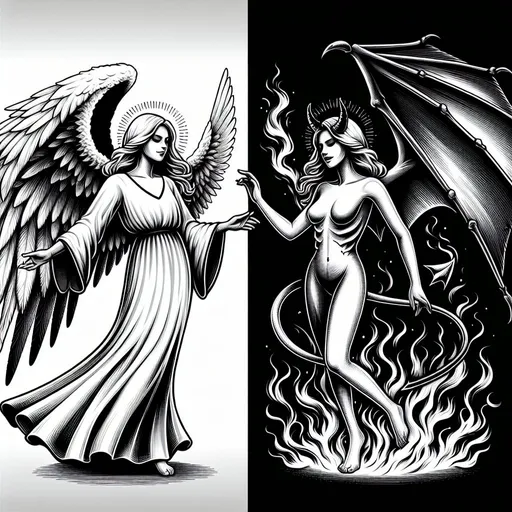 Prompt: professional greyscale vector illustration of angel versus demon. left side of the image is white and right side is black. left side contains depictions of the beautiful clothed angel, the right side contains depictions of a different person, a demonic succubus surrounded by fire and smoke. left side wings are airy and delicate. right side boned wings are sharp and deadly.  angel vs demon theme, high resolution professional shading