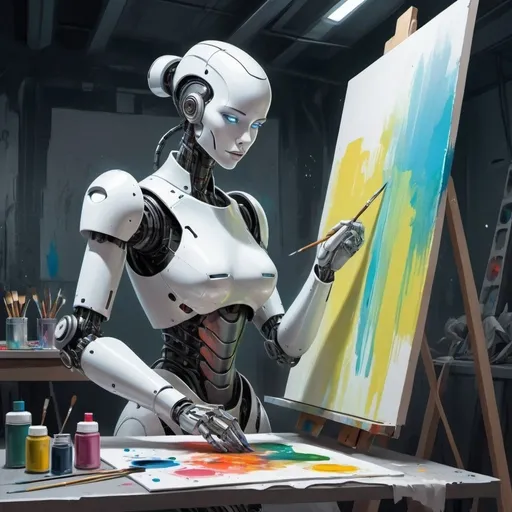 Prompt: Fantasy futuristic illustration. The main subject of the composition is the robot female, an android, busy with painting a large canvas using acrylic paints and brushes.