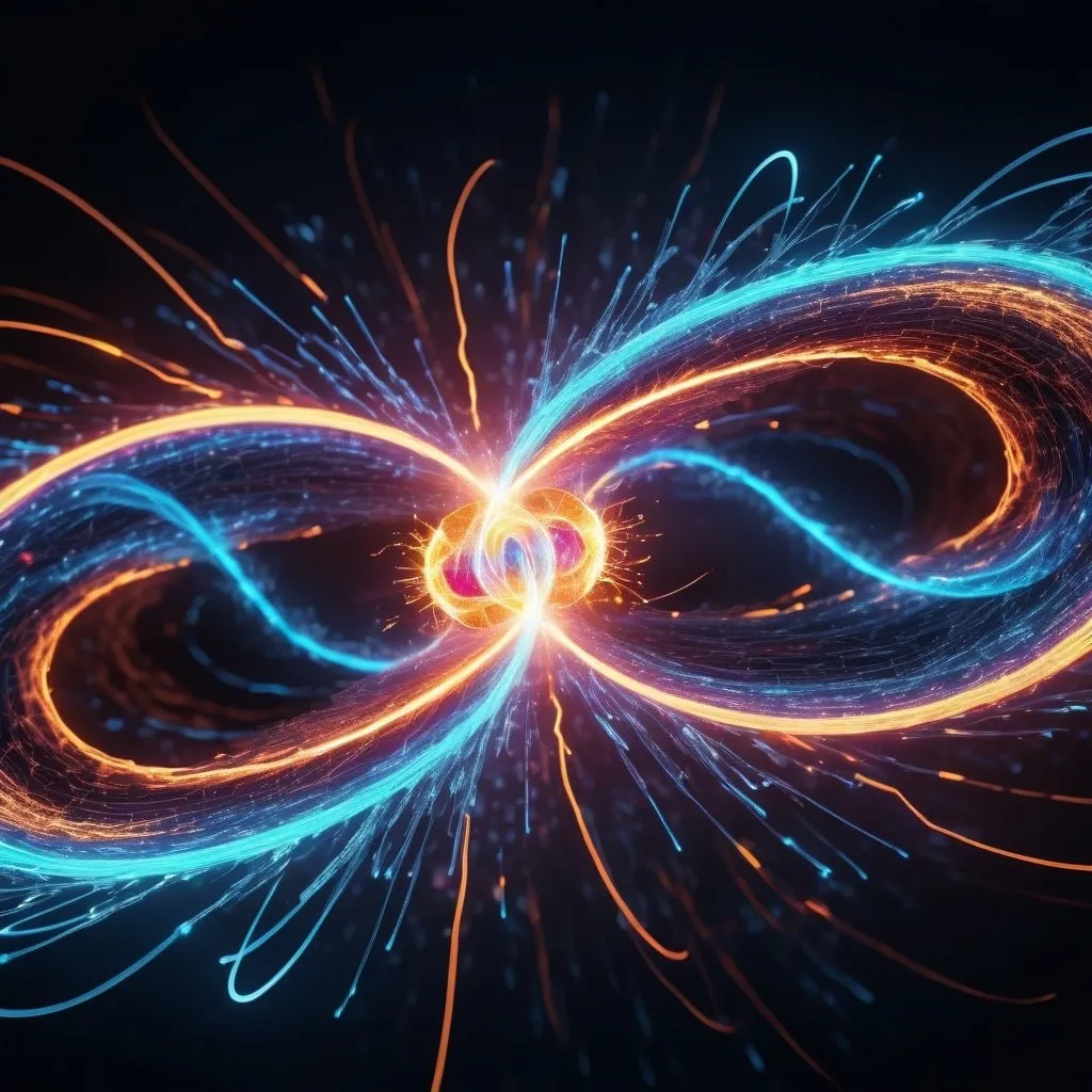 Prompt: High-speed dynamic shot of two electrons colliding, motion blur, bokeh, curved lines, protons, high energy impact, abstract, scientific illustration, neon color palette, dynamic lighting, particle collision, detailed electron trails, sci-fi, futuristic, ultra-high resolution, kinetic energy, dynamic composition