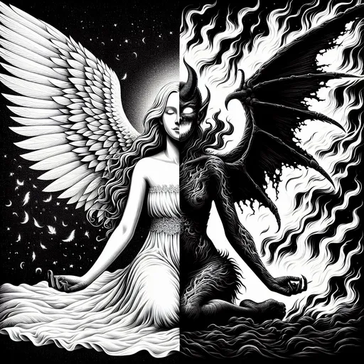 Prompt: professional greyscale vector illustration of angel versus demon as a single person. left side of the image is white and right side is black. left side contains depictions of the beautiful clothed angel, the right side contains depictions of a different person, a demonic succubus surrounded by fire and smoke. left side wings are airy and delicate. right side boned wings are sharp and deadly.  angel vs demon theme, high resolution professional shading