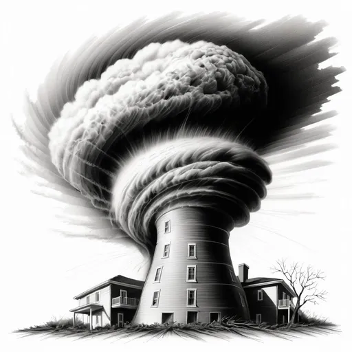 Prompt: monochrome pencil sketch, professional and highly detailed. a hurricane tornado growing out of the wall. isolated on white background. high contrast.