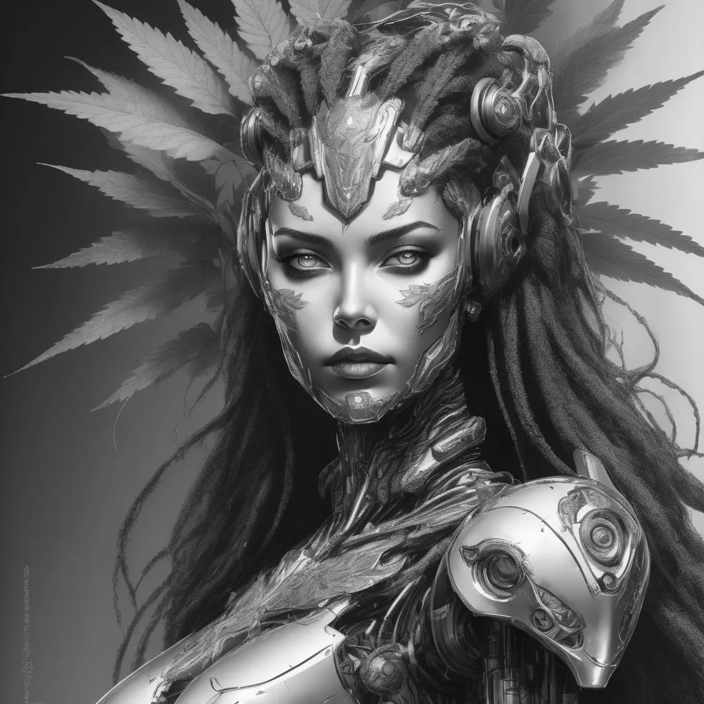 Prompt: Detailed pencil sketch of a realistic weed goddess in robotic terminator-like armor, high detail and contrast, high detail marijuana symbols, monochrome, intricate leaves, portrait view, realistic, pencil sketch, snake features, fierce angry expression, fiery background, high-tech, robotic armor, high quality, portrait, monochrome, intense gaze, realistic, detailed sketch, high-tech, 