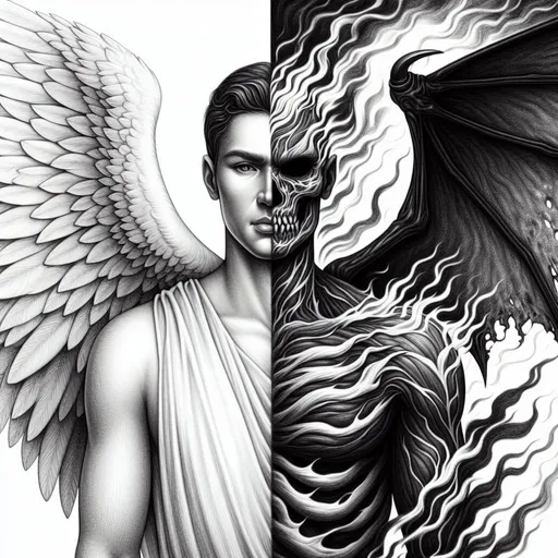 Prompt: professional high detailed sketch illustration of angel versus demon as a single person. left side of the image is white and right side is black. left side contains depictions of the beautiful elegant angel, the right side contains depictions of a different person, a demonic dark angel surrounded by fire and smoke. left side wings are airy and delicate, bringing peace and harmony. right side boned wings are sharp and deadly.  angel vs demon theme, high resolution professional shading, monochrome greyscale high contrast sketch.