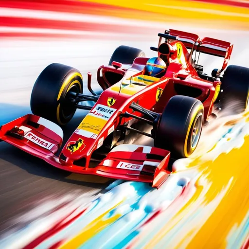 Prompt: High-speed dynamic shot of a vibrant Formula One car racing across a colorful field of ice cream, vibrant Ferrari red and yellow hues, ultra-detailed car, dynamic motion blur, glossy ice cream balls, high-res, dynamic, vibrant colors, detailed car, professional photography, dynamic lighting, fast-paced, frozen treat, racing, professional, high quality