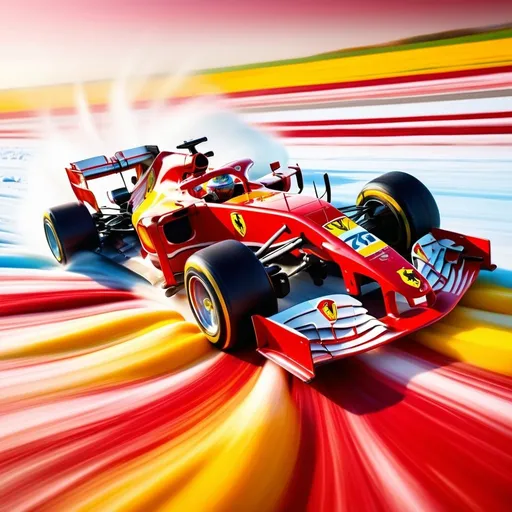 Prompt: High-speed dynamic shot of a vibrant Formula One car racing across a colorful field of ice cream, vibrant Ferrari red and yellow hues, ultra-detailed car, dynamic motion blur, glossy ice cream balls, high-res, dynamic, vibrant colors, detailed car, professional photography, dynamic lighting, fast-paced, frozen treat, racing, professional, high quality