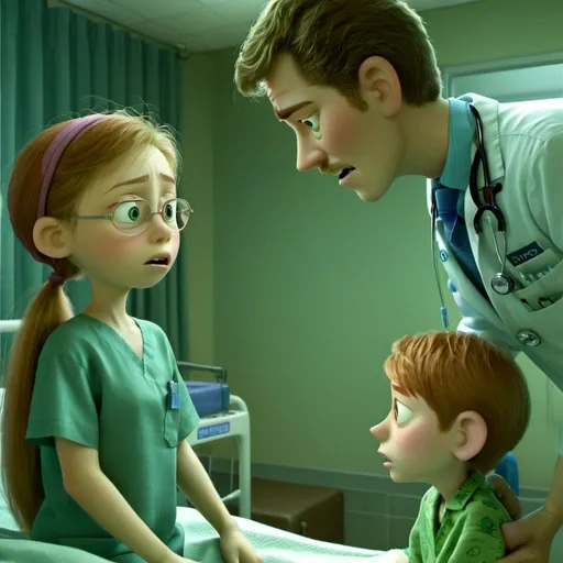 Prompt: a scrawny boy and his mother talking to a doctor in hospital room, SAD expression , realistic lighting