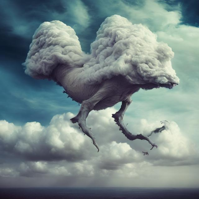 Prompt: a triptych absurd and surreal, sky and clouds, surrealistic creatures