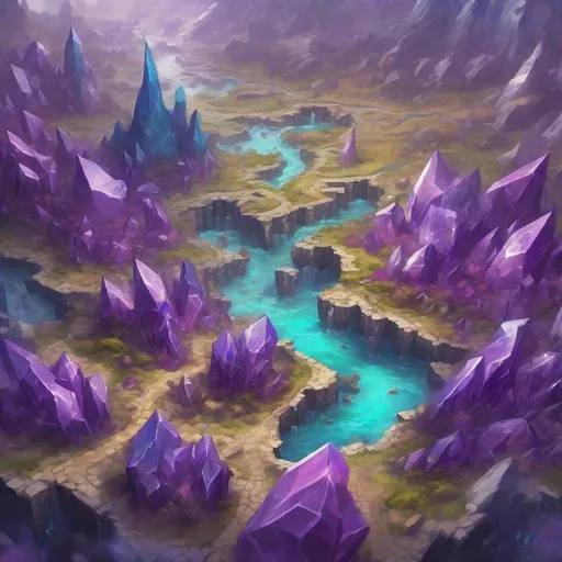 Prompt: Purple crystals, Dnd battlemap, view from above, fantasy map, in the style of Greg Rutkowski, bright, colorful, vibrant, color palette, masterpiece, 4k, intricate detail, illustration, painting, oil painting, art,