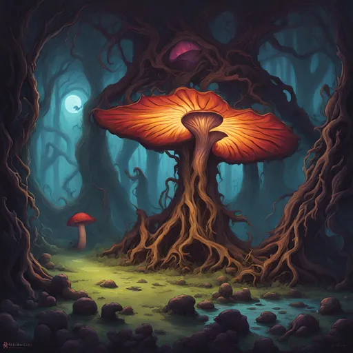 Prompt: Giant magical lovecraftian creepy black withered mushroom in a cave, Dnd battlemap, view from above, fantasy map, in the style of Greg Rutkowski, bright, colorful, vibrant, color palette, masterpiece, 4k, intricate detail, illustration, painting, oil painting, art,