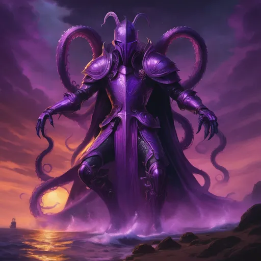 Prompt: Purple knight, eldritch being, tentacles, lovecraft, greg rutkowski, vibrant colors, full hd, high quality, 4k, trending on artstation, oil painting, symmetrical, intricate, highly detailed,