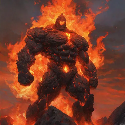 Prompt: Girant fire titan made entirely out of lava, deviantart, gouache, hyperrealism, lens flare, flickering light, aetherpunk, deep color", trending on artstation, in the style of Artgerm, Arthur Suydam, Alex Maleev, Shintaro Kago, Gil Elvgren, Greg rutkowski, dark color palette, amazing shading, masterpiece, 4k, intricate detail

illustration, painting, drawing, art, sketch
