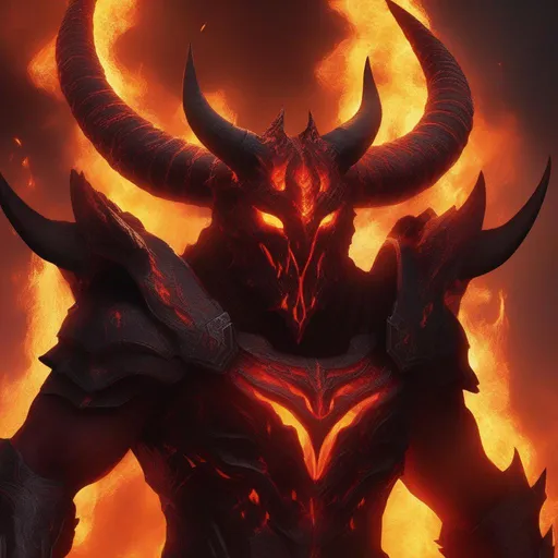 Prompt: "Inferno is covered in dark, hardened lava that acts like an exoskeleton. His head resembles a demonic mask with horns, and his hollow hole is located at the center of his chest, His eyes glow fiery red, and cracks in his hardened lava skin reveal a burning interior. He wields flame-engulfed broadsword."