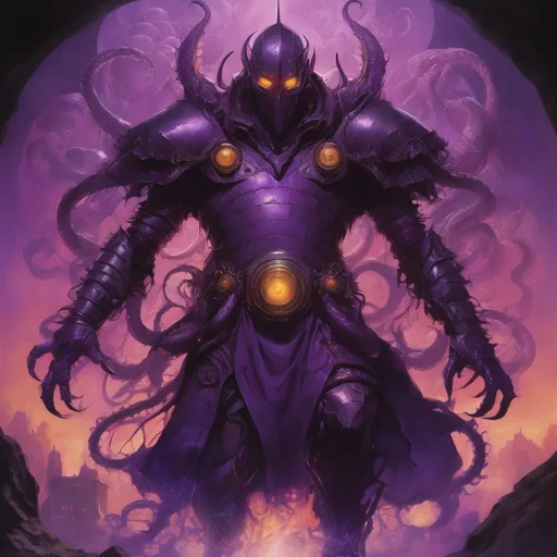 Prompt: Purple knight, eldritch being, tentacles, lovecraft, greg rutkowski, vibrant colors, full hd, high quality, 4k, trending on artstation, oil painting, symmetrical, intricate, highly detailed,  in the style of Jordan Grimmer, deviantart, gouache, hyperrealism, lens flare, flickering light, aetherpunk, deep color" trending on artstation, in the style of Artgerm, Arthur Suydam, Alex Maleev, Shintaro Kago, Gil Elvgren, Greg rutkowski, dark color palette, amazing shading, masterpiece, 4k, intricate detail illustration, painting, drawing, art, sketch