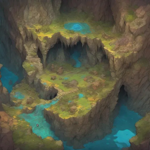 Prompt:  Dnd battlemap, view from above, fantasy map, inside a cave, in the style of Greg Rutkowski, vibrant color palette, masterpiece, 4k, intricate detail, illustration, painting, oil painting, art,