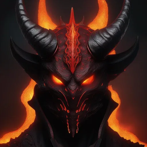 Prompt: "Inferno is covered in dark, hardened lava that acts like an exoskeleton. His head resembles a demonic mask with horns, and his hollow hole is located at the center of his chest, His eyes glow fiery red, and cracks in his hardened lava skin reveal a burning interior. He wields flame-engulfed broadsword."