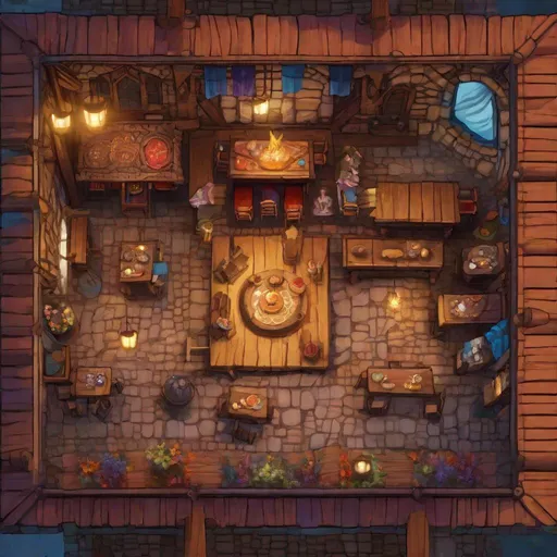 Prompt: Magical fantasy tavern, Dnd battlemap, top down, (view from above):10, view from the top, bird's eye's view, fantasy map, in the style of Greg Rutkowski, bright, colorful, vibrant, color palette, masterpiece, 4k, intricate detail, illustration, painting, oil painting, art,