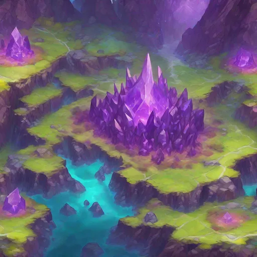 Prompt: Purple crystals, Dnd battlemap, view from above, fantasy map, in the style of Greg Rutkowski, bright, colorful, vibrant, color palette, masterpiece, 4k, intricate detail, illustration, painting, oil painting, art,