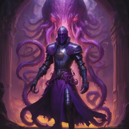 Prompt: Purple knight, eldritch being, tentacles, lovecraft, greg rutkowski, vibrant colors, full hd, high quality, 4k, trending on artstation, oil painting, symmetrical, intricate, highly detailed,