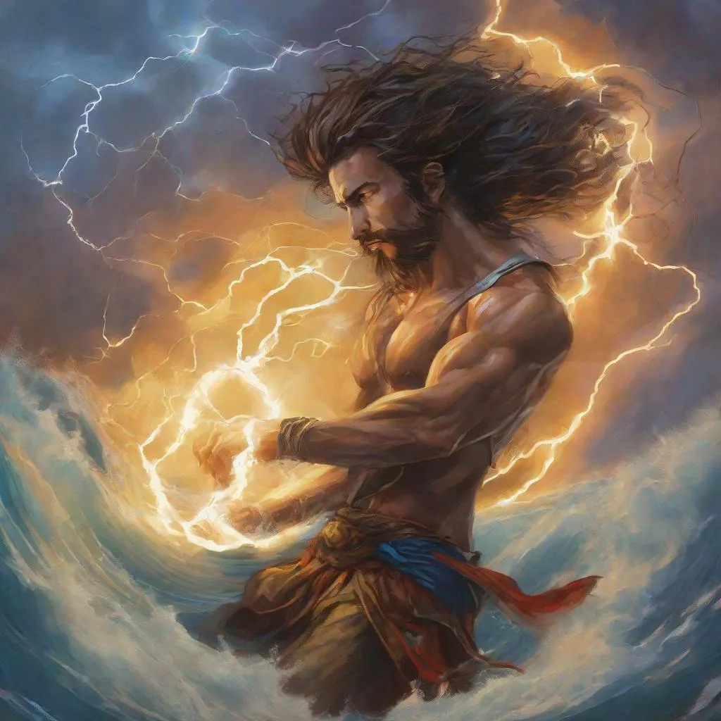 Prompt: God of lightning and thunder and sea, in the style of Jordan Grimmer, deviantart, gouache, hyperrealism, lens flare, flickering light, aetherpunk, deep color"
trending on artstation, in the style of Artgerm, Arthur Suydam, Alex Maleev, Shintaro Kago, Gil Elvgren, Greg rutkowski, dark color palette, amazing shading, masterpiece, 4k, intricate detail

illustration, painting, drawing, art, sketch
