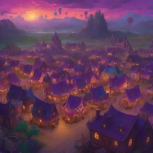 Prompt: Alien carnival small medival town, evening, purple sunset, Dnd battlemap, view from above, fantasy map, in the style of Greg Rutkowski, bright, colorful, vibrant, color palette, masterpiece, 4k, intricate detail, illustration, painting, oil painting, art,