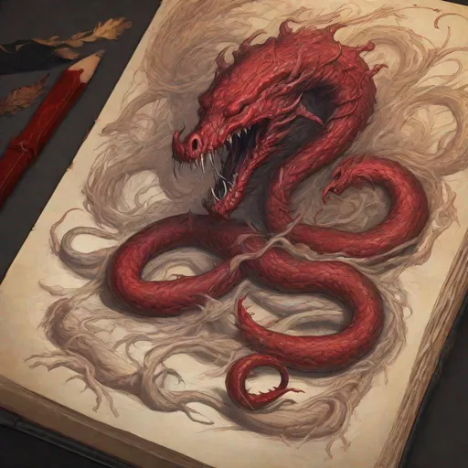 Prompt: bestiary, page of a book, drawn by pencil, red Swamp serpent made out of worms and maggots, monster, eldritch horror, formless, unspeakable, evil, cryptic, cryptid, fantasy, dnd, aetherpunk, deep color", trending on artstation, in the style of Artgerm, Greg Rutkowski, Alphonse Mucha, dark color palette, amazing shading, masterpiece, 4k, intricate detail illustration, painting, drawing, art, sketch