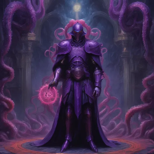 Prompt: Purple knight, eldritch being, tentacles, lovecraft, greg rutkowski, vibrant colors, full hd, high quality, 4k, trending on artstation, oil painting, symmetrical, intricate, highly detailed,