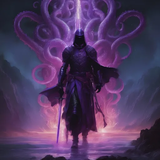 Prompt: Purple knight, eldritch being, tentacles, lovecraft, greg rutkowski, vibrant colors, full hd, high quality, 4k, trending on artstation, oil painting, symmetrical, intricate, highly detailed,  in the style of Jordan Grimmer, deviantart, gouache, hyperrealism, lens flare, flickering light, aetherpunk, deep color" trending on artstation, in the style of Artgerm, Arthur Suydam, Alex Maleev, Shintaro Kago, Gil Elvgren, Greg rutkowski, dark color palette, amazing shading, masterpiece, 4k, intricate detail illustration, painting, drawing, art, sketch, feminine