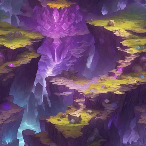 Prompt: Purple crystals, Dnd battlemap, view from above, fantasy map, in the style of Greg Rutkowski, bright, colorful, vibrant, color palette, masterpiece, 4k, intricate detail, illustration, painting, oil painting, art,