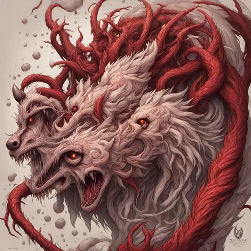 Prompt: bestiary, page of a book, drawn by pencil, red Swamp angry white wolf made out of worms and maggots, monster, eldritch horror, formless, unspeakable, evil, cryptic, cryptid, fantasy, dnd, aetherpunk, deep color", trending on artstation, in the style of Artgerm, Greg Rutkowski, Alphonse Mucha, dark color palette, amazing shading, masterpiece, 4k, intricate detail illustration, painting, drawing, art, sketch