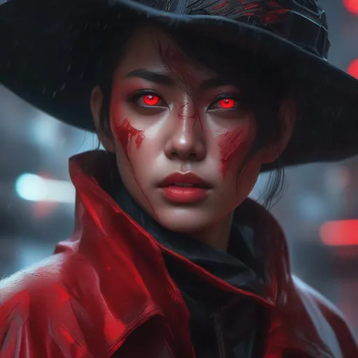 Prompt: "Insanely detailed face portrait photography of a Sinister Cyber Gunslinger with four arms ultrarealistic Black Trench Coat and Blood Red Poncho and red Eyes, intricate and hyperdetailed painting by Ismail Inceoglu Huang Guangjian and Dan Witz CGSociety ZBrush Central fantasy art album cover art 4K 64 megapixels 8K resolution HDR sharp focus zombiecore aetherpunk, CyberPunk Wild West"